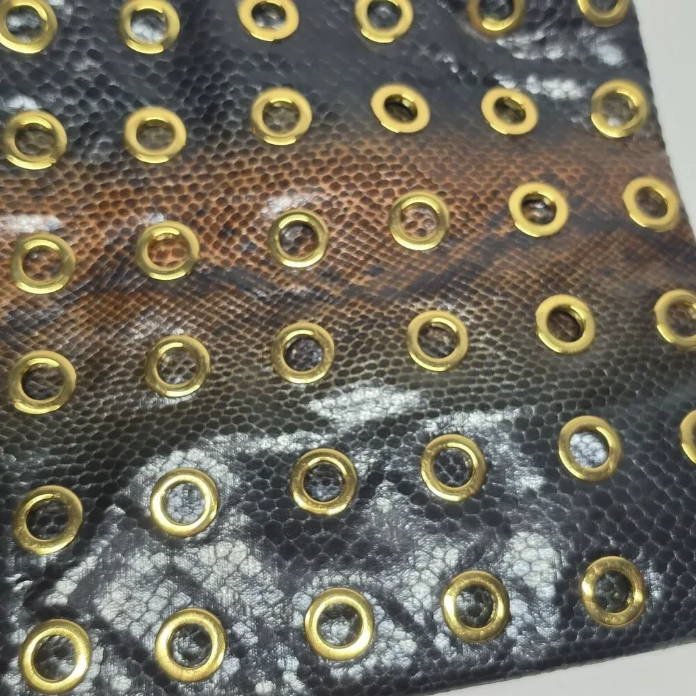 LOGO by Lori Goldstein Brown Snakeskin Print Gold Eyelets Clutch Bag Style 80s